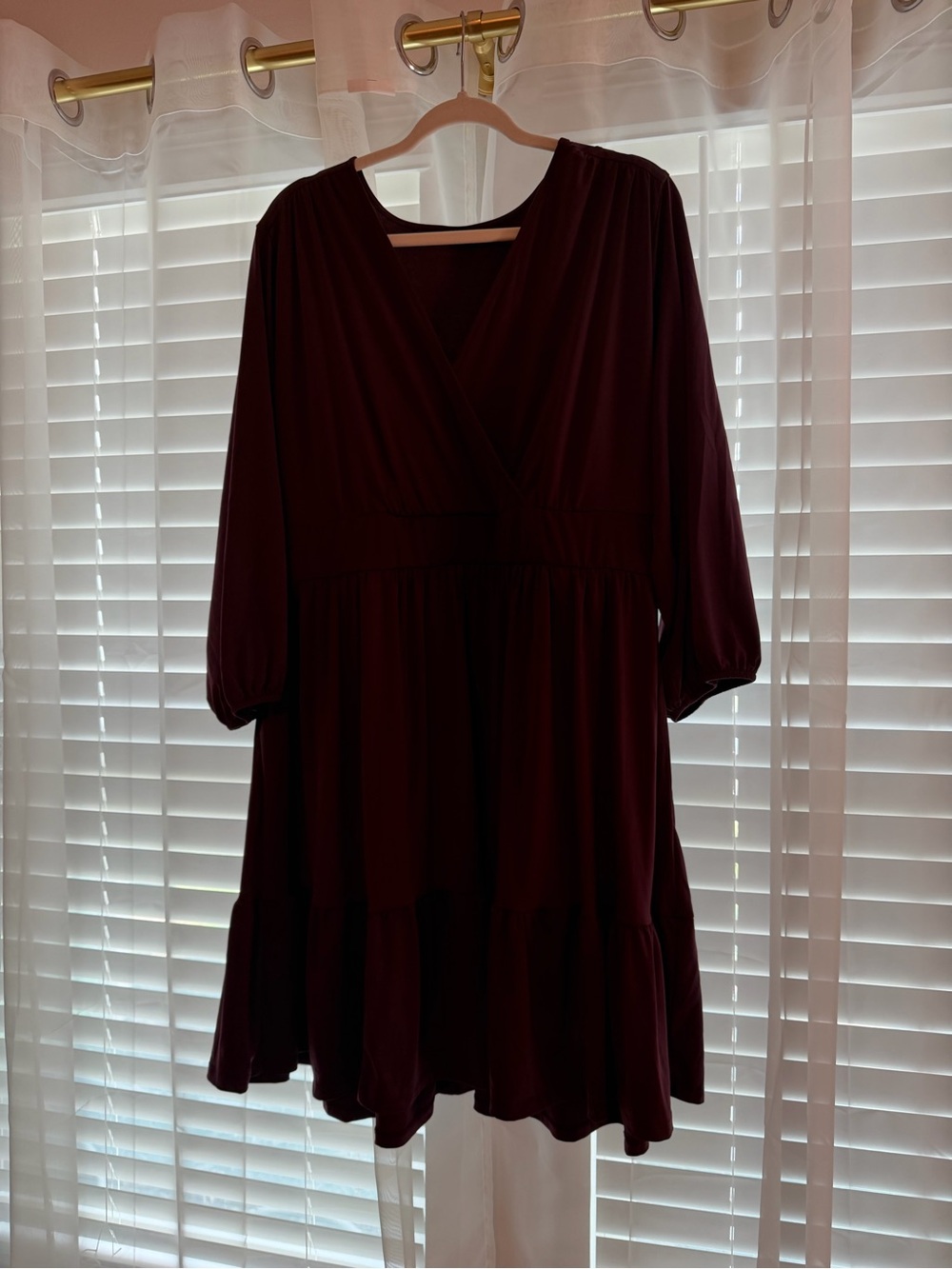 Torrid V-Neck Long Sleeve Ruffle Hem Dress in Deep Burgundy